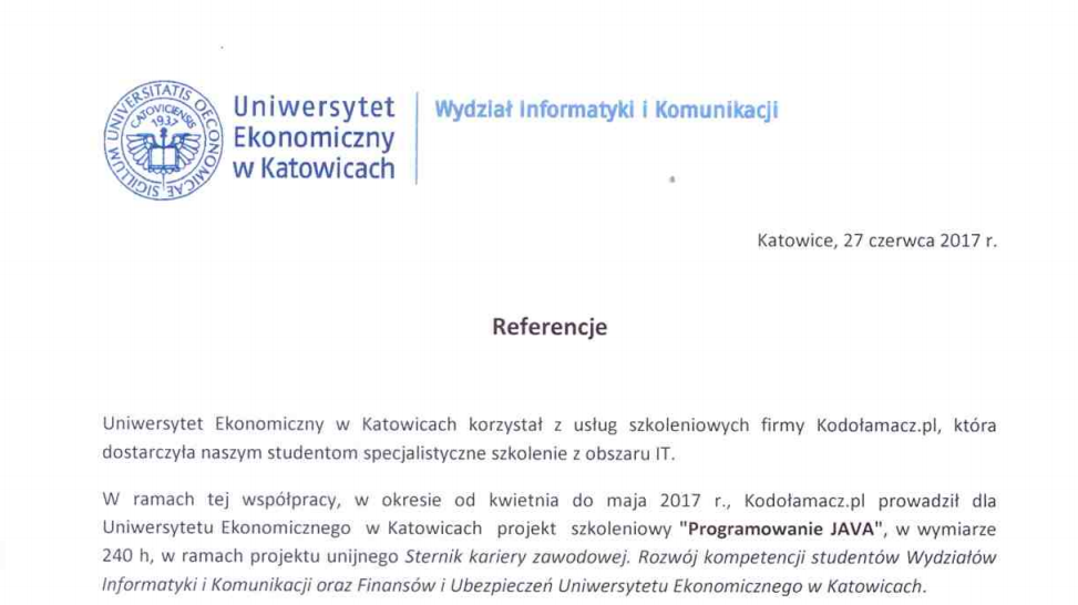 Referencje z Uniwersytetu Ekonomicznego